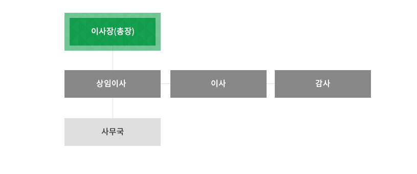 이사장(총장) 하위로 상임이사, 이사, 감사가 있다. 상임이사 하위로 사무국이 있다.